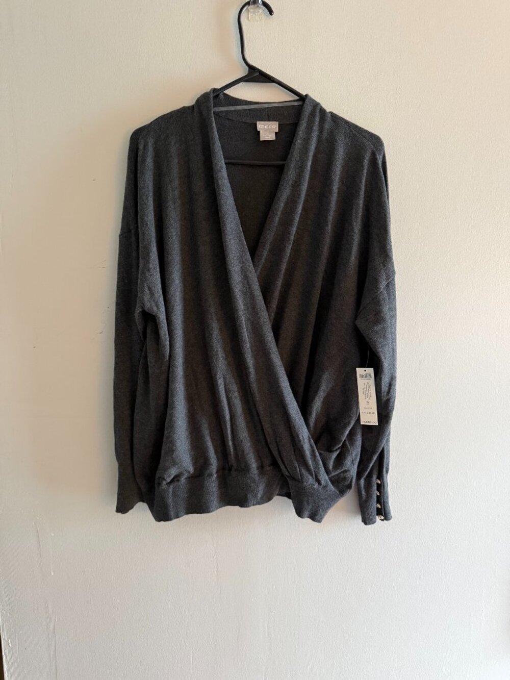 NWT Chico's Wrap Front Pullover Sweater Graphite Gray Button Detail Sz 3 XL